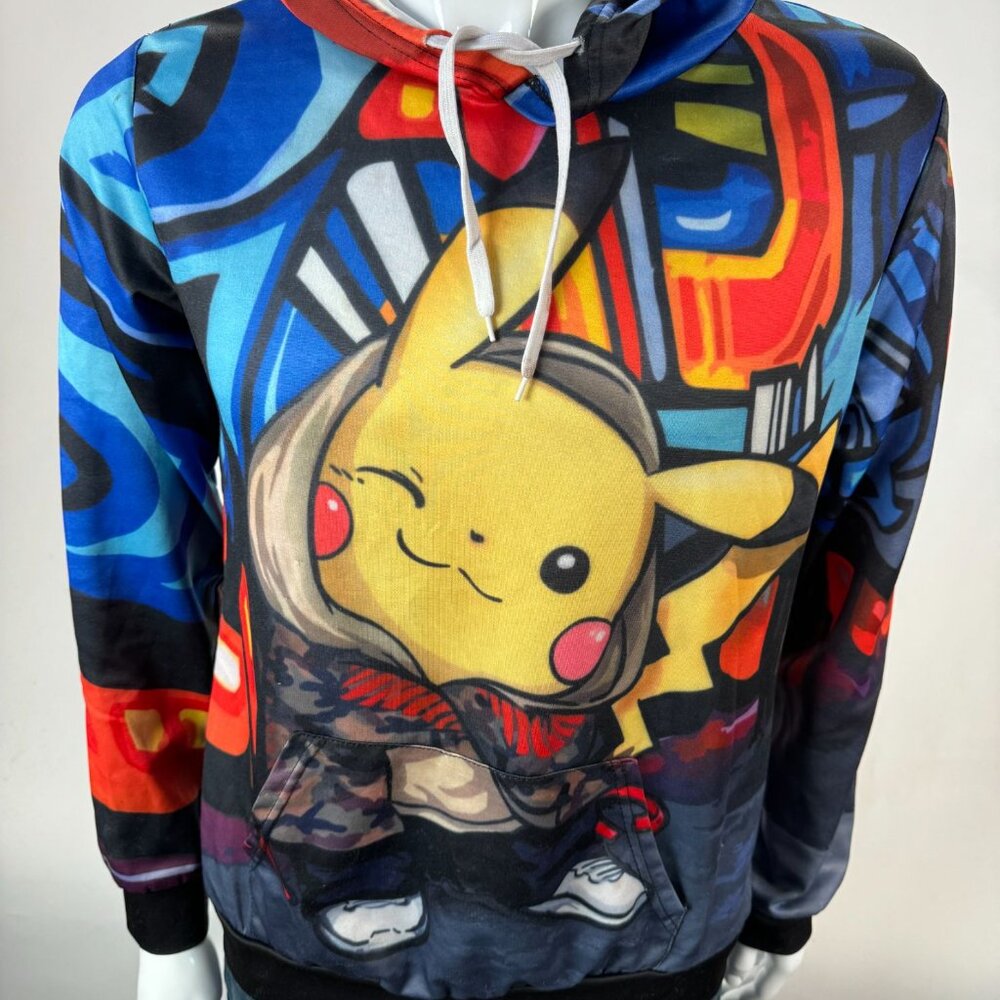 Colorful Pikachu Hoodie With Graffiti Art Print & Drawstring Hood